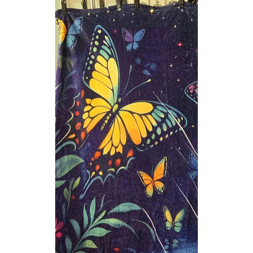 Butterfly Blanket 80x60 Purple Multicolor Plush Fleece Throw Floral Garden NWOT